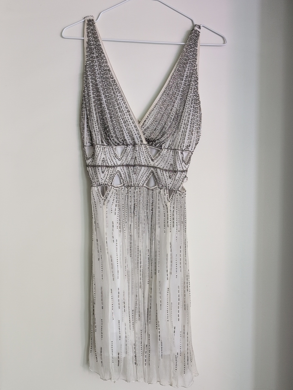 Ivory Sequin V-Neck Mini Dress with Cutout Waist